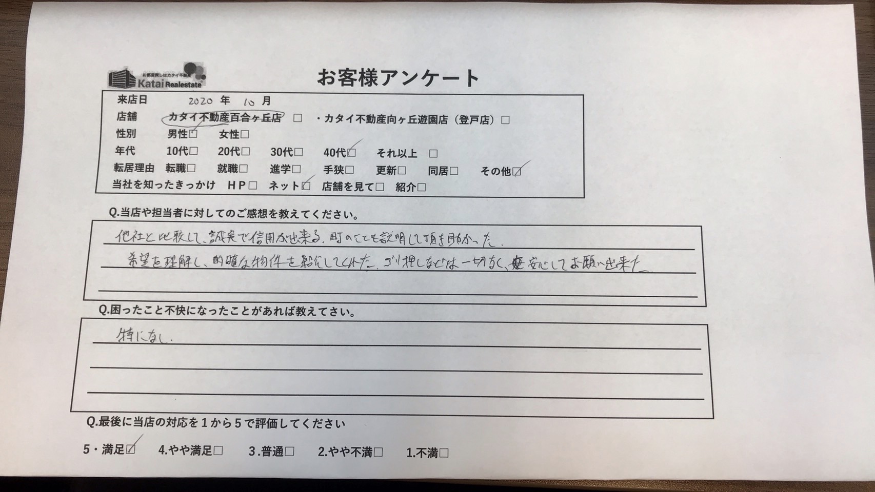 （株）カタイ不動産　他社と比較して忠実で信頼できる　